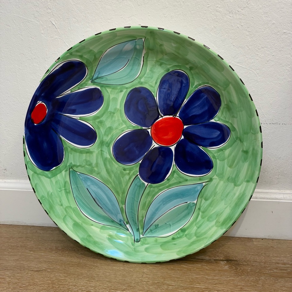 Vietri Italian Hand Painted Large Floral Plate Charger 17” Green Blue Italy